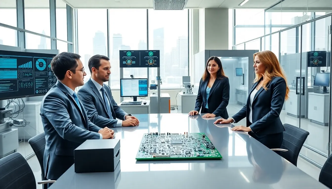 executives discussing double sided pcb assembly in a modern u s office setting